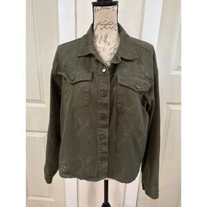 Solitaire Anthro Army Green Eyelet Snap Up Shirt Jacket Shacket Size Large
